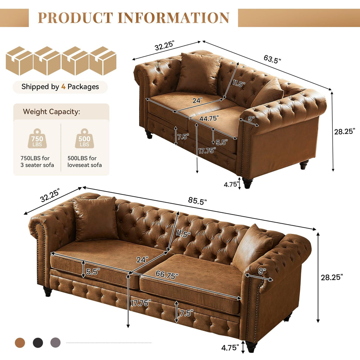 Modern Chesterfield Sofa Set for Living Room, 2 Piece Tech Fabric Furniture Sets 3 Seater Couch&Loveseat Sofa with Rolled Arms and Tufted Button, Office, Brown Antetek