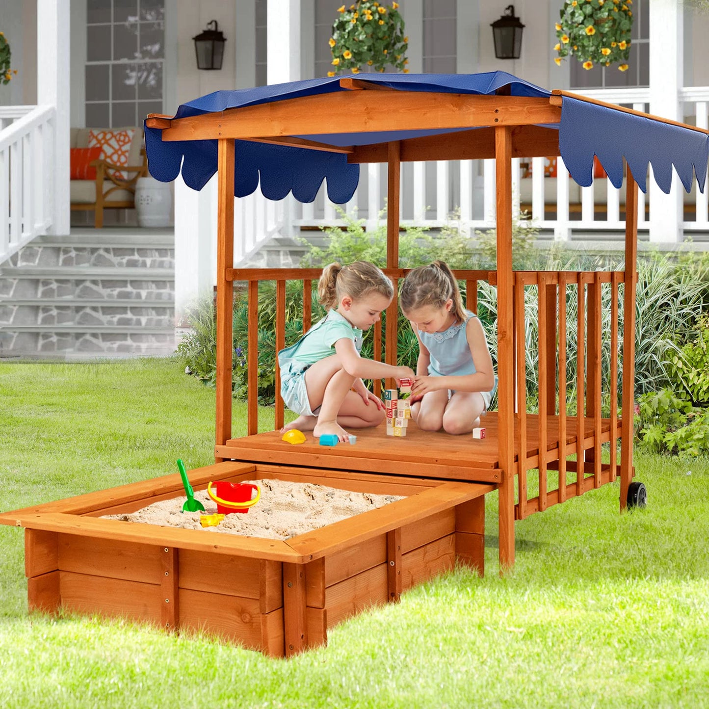 Costzon Kids Retractable Sandbox with Canopy, Wooden Cedar Cabana Playhouse with Large Play Area, Rear Wheels, Guardrails, Children Outdoor Playset Sandpit for Backyard, Home, Lawn, Garden, Beach