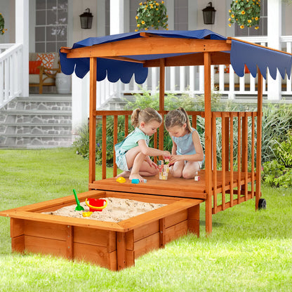 Costzon Kids Retractable Sandbox with Canopy, Wooden Cedar Cabana Playhouse with Large Play Area, Rear Wheels, Guardrails, Children Outdoor Playset Sandpit for Backyard, Home, Lawn, Garden, Beach