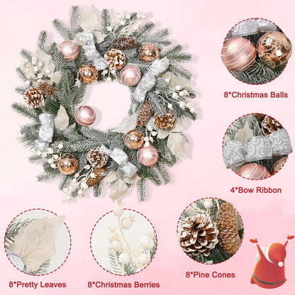 Christmas Decor - 20" Christmas Wreath with Christmas Balls, Christmas Door Wreath with Bow Ribbon Berries Pine Cones Leaves Christmas Wreaths for Front Door Home Outdoor Xmas Decor