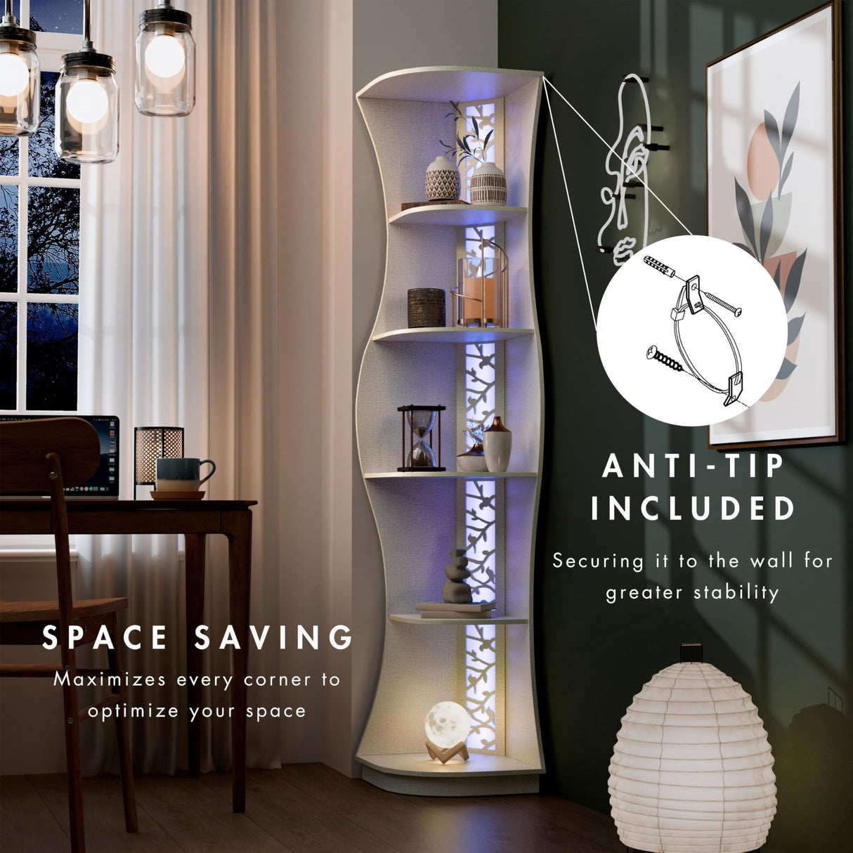 HOMES: Inside + Out Connelly Modern 5 Shelf LED Bookcase, Unique Thin Wood Bookshelf with Storage and Remote, Office Shelving ,Tall Book Shelf for Bedroom, Living Room and Small Spaces, Cream Weave Furniture of America