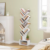 Hoctieon 9 Tier Tree Bookshelf, Tall Bookcase with Drawer, Wood Book Shelf, Modern Floor Standing Bookshelves, Book Organizer Shelves for Bedroom, Living Room, Home Office, White Hoctieon