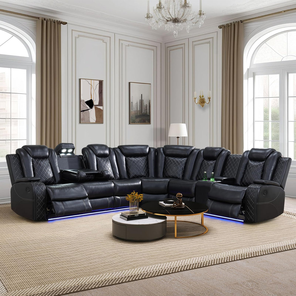 JBXBER Power Recliner Sectional Sofa Set, Black Leather Sectional Couch for Living Room, L Shape Reclining Sofa with Led Lights, Cup Holder, Pull-Down Table for Home/Office(6 Seat) JBXBER