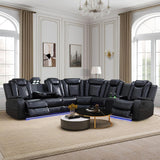 JBXBER Power Recliner Sectional Sofa Set, Black Leather Sectional Couch for Living Room, L Shape Reclining Sofa with Led Lights, Cup Holder, Pull-Down Table for Home/Office(6 Seat) JBXBER