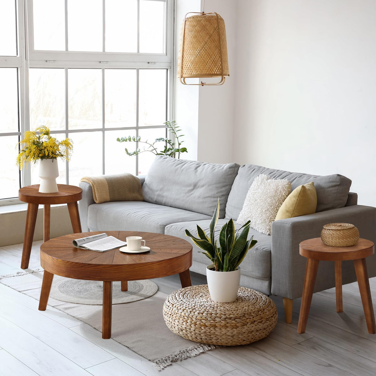 HOKYHOKY Farmhouse Round Coffee Table Set of 3, Boho Sofa Side Nesting Tables End Table Set with Wood Natural Finish for Living Room, Bedroom, Home Office,Brown HOKYHOKY