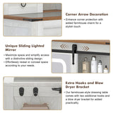 GlouMod Farmhouse Makeup Vanity Desk with Sliding Mirror and Lights, 42" Glass Top Vanity Table with Charging Station & 4 Drawers & 2 Cabinets, Vintage Vanity Set for Bedroom, Stool Included, White GlouMod