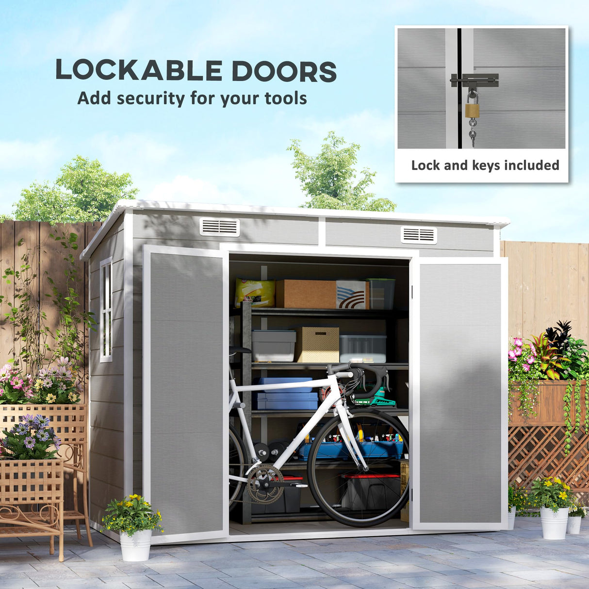 Outsunny 8' x 4' Outdoor Storage Shed, Resin Plastic Shed with Floor, Window, Lockable Doors and Vents, All-Weather Tool Shed for Backyard, Patio, Lawn, Gray Outsunny