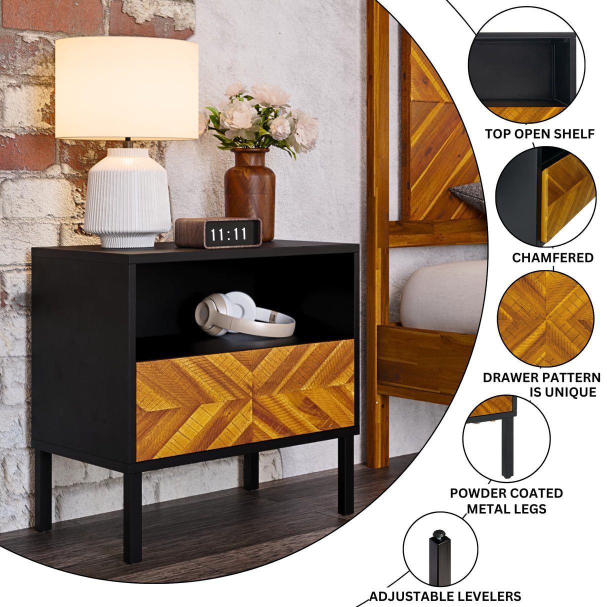 Bme Vivian Solid Wood Nightstand, End Table, Bedside Table with Herringbone Pattern for Rustic Bedroom, Easy Assembly, Rustic Golden Brown and Black Bme