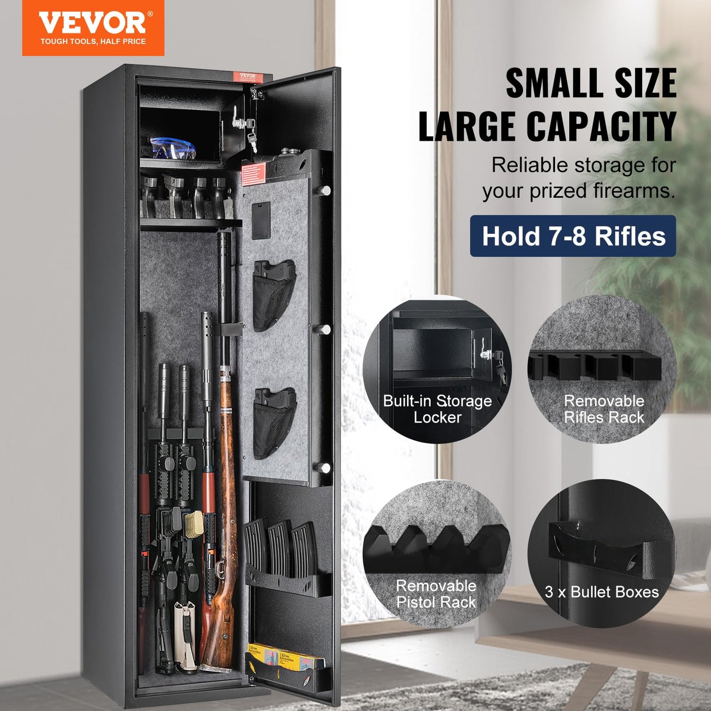 VEVOR 7-8 Rifles Gun Safe, Rifle Safe with Digital Keypad & Lock, Gun Storage Cabinet with Built-in Storage Locker, Removable Storage Shelf for Home Long Gun and Pistols