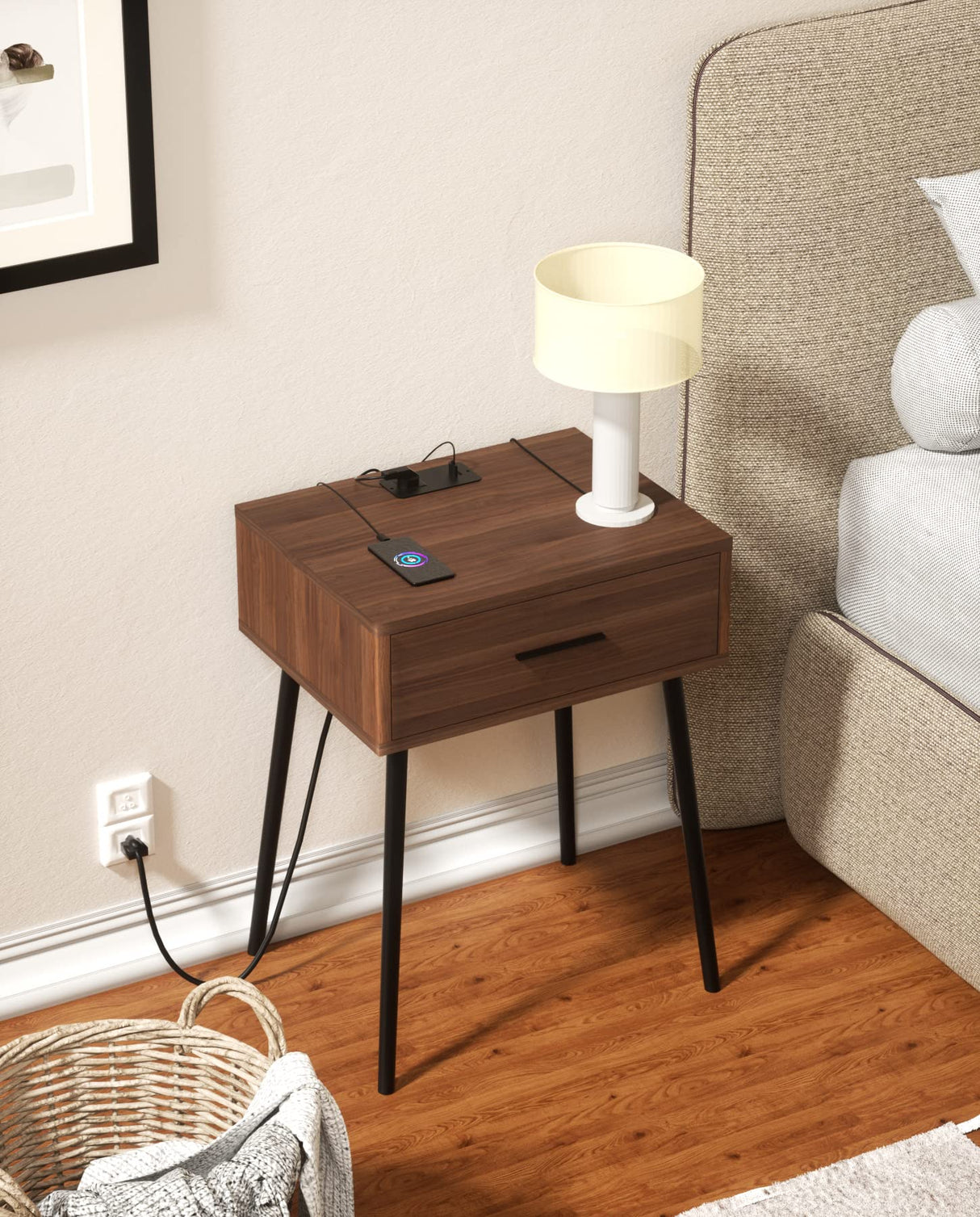 HAIOOU Set of 2 Mid Century Nightstand with Charging Station, End Table Modern Side Table One Drawer with Premium Matte Black Handle and Pine Wood Legs for Home Bedroom Living Room HAIOOU