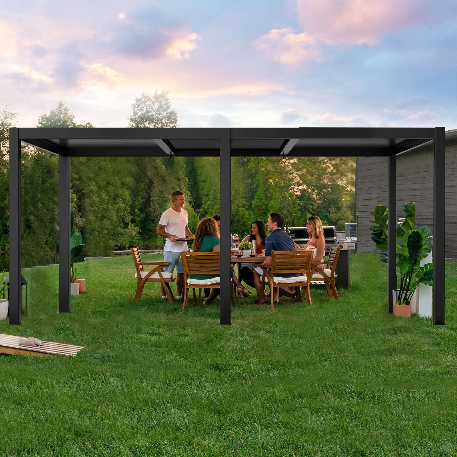 LVUYOYO Outdoor Louvered Pergola 10' x 20', Aluminum Patio Pergola with Adjustable Roof, Sun Shade Shelter Metal Gazebo for Backyard, Garden, Deck(Black) - WoodArtSupply