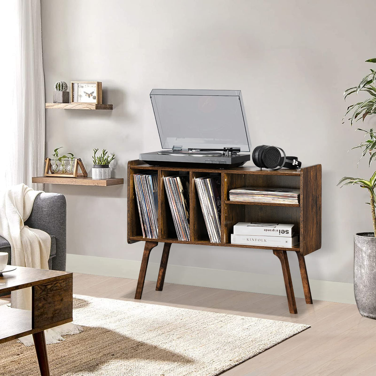 Lerliuo Record Player Stand with 4 Cabinet Holds Up to 220 Albums, Large Turntable Stand with Beech Wood Legs, Mid-Century Record Player Table,Brown Vinyl Holder Storage Shelf for Bedroom Living Room Lerliuo