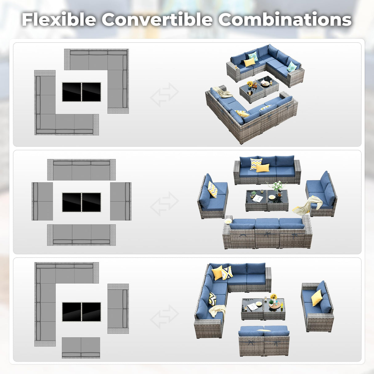 ovios 12 Pieces Patio Furniture Set, Outdoor Wicker Sectional Sofa with Glass Table Comfy Cushions, Modern Modular Deep Seat Couch Rattan Conversation Set, Denim Blue ovios