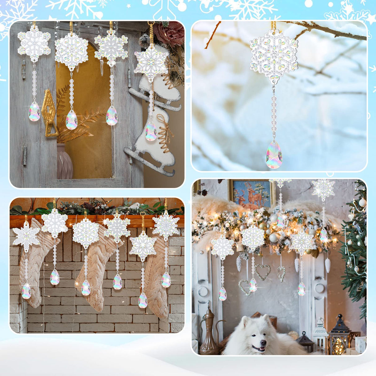 Perthlin 6 Pcs Christmas Snowflake Diamond Art Kits Double Sided Winter Diamond Wind Chimes Art for Window Christmas Tree Decoration Snowflake Suncatchers for DIY Crafts Wonderland Decoration Perthlin
