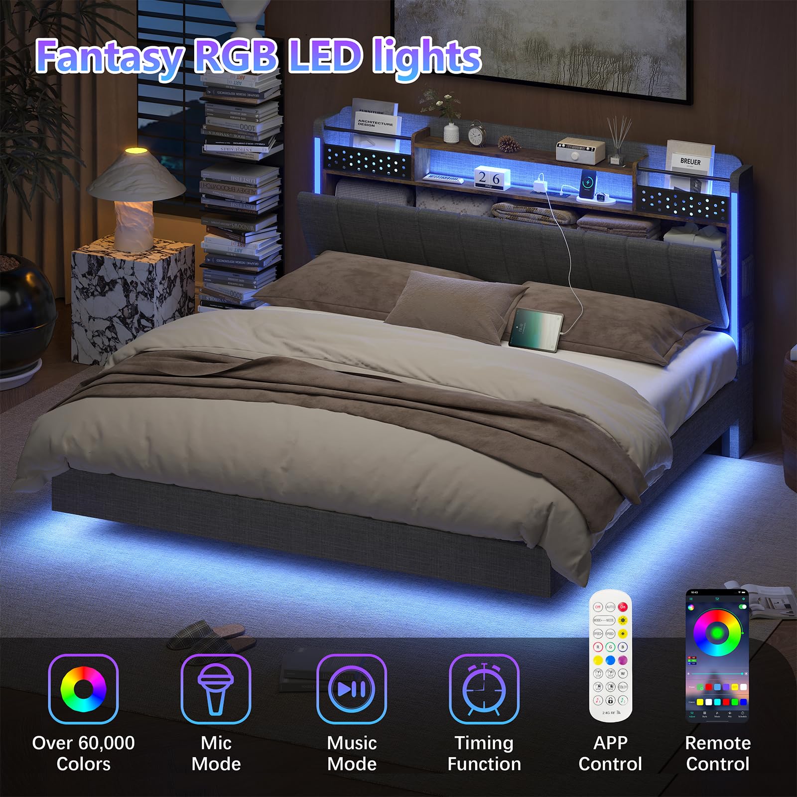 Full Size Floating Bed Frame with RGB Lighting, Charging Station & Hidden Storage in Dark Gray - WoodArtSupply