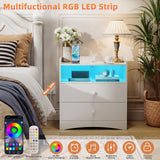 Memobarco Nightstand with Charging Station and LED Light,Modern Nightstand with USB Ports and Outlets,Wood Bedside Tables with 2 Storage Drawers,Small Dresser for Bedroom Small Space,White Memobarco