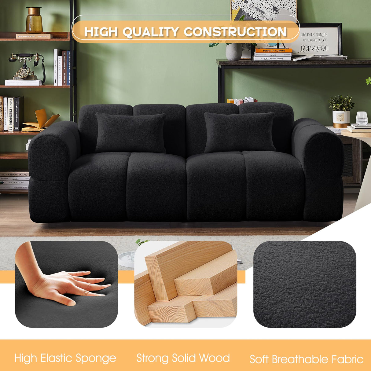 PINSOLID 80" Modern Sofa Couch, Comfy Deep Seat Lambswool Cloud Sofa, Upholstered 3-Seater Boucle Couch, Oversized Loveseat for Living Room, Bedroom, Office, Apartment(Black) PINSOLID