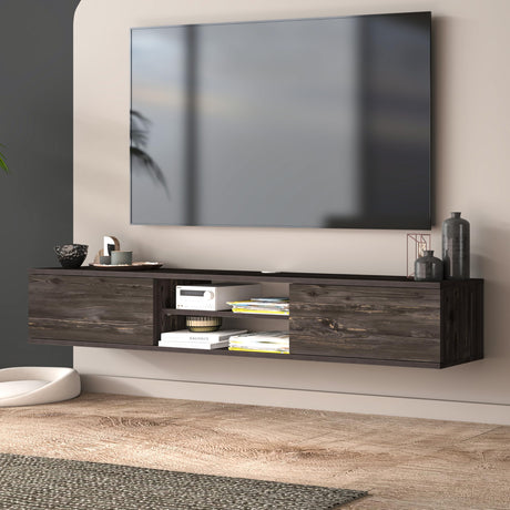Adam Home Design Black Floating TV Stand Under TV Shelf, Wall Mounted Shelf, Modern Floating Entertainment Center, 71" Large Storage Media Console Wall Unit for Living Room,Bedroom (Black Oak) Adam Home Design