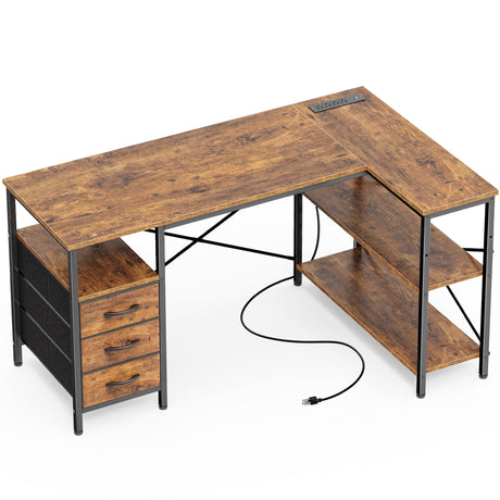 Huuger L Shaped Desk with Power Outlets, Computer Desk with 3 Drawers, 47 Inch Office Desk with Shelves, Gaming Desk, Corner Desk Work Desk for Home Office, Study, Rustic Brown Huuger