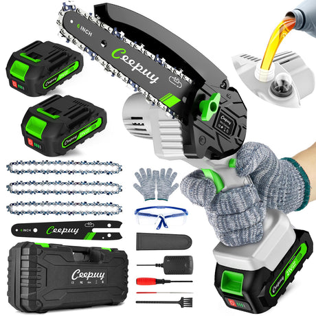 CEEPUY Mini Chainsaw Cordless,6 Inch Portable Electric Chain Saw w/Automatic Oiler/Battery Powered Small Handheld Saw w/Security Lock Trees Branches Trimming,Wood Cutting, 2 Batteries 3 Chains 2025 CEEPUY