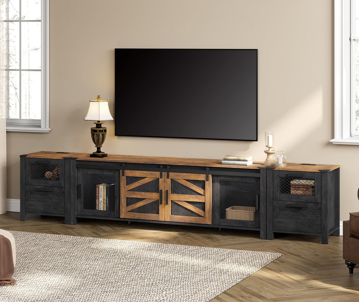 WAMPAT TV Stand Set with Charging Station and Drawers,85 inch Farmhouse Entertainment Center with Sliding Barn Door,Media TV Console with Storage Shelf for Living Room Bedroom，Dark Walnut and Black WAMPAT