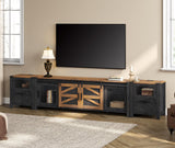 WAMPAT TV Stand Set with Charging Station and Drawers,85 inch Farmhouse Entertainment Center with Sliding Barn Door,Media TV Console with Storage Shelf for Living Room Bedroom，Dark Walnut and Black WAMPAT