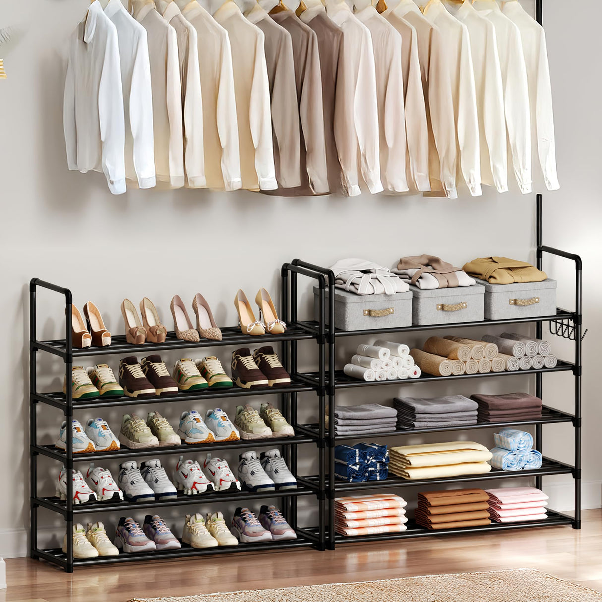 SRRSO Shoe Rack, 10 Tier Shoe Storage Organizer with Hooks,Fit 40-45 Pairs Shoes,Metal Tall Shoe Shelf for Closet,Entryway, Hallway,Garage,Bedroom,Cloakroom SRRSO
