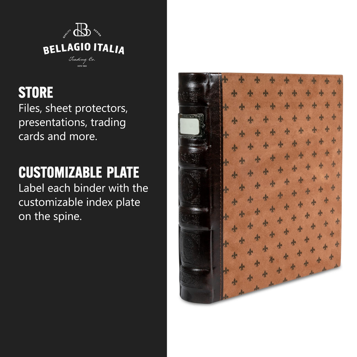 Bellagio-Italia 3-Ring 1" D Ring Binder, Tuscanny Faux Leather - for Documents, File Storage, and Trading Cards, Stores up to 250 Pages, Chestnut Bellagio-Italia