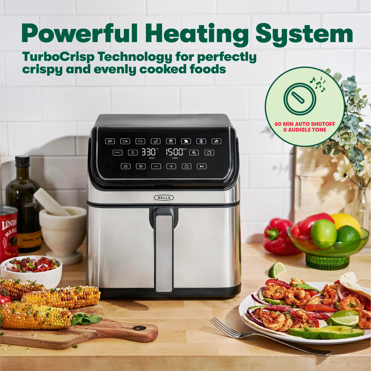 bella 8 Qt Digital Air Fryer with TurboCrisp Technology, Large Family Size Nonstick Cooking Basket and Crisping Tray, Multiple Preset Functions, Auto Shutoff, Stainless Steel, 1750 Watt BELLA