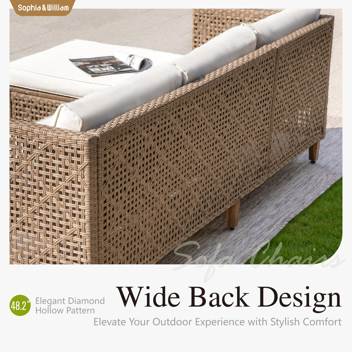 Sophia and William Boho Wicker Patio Furniture Set Outdoor Rattan Sectional Sets Conversation Set - Weather-Resistant, with Dual Storage Coffee Table Acacia Wood Legs for Garden, Patio & Deck(Beige) Sophia & William