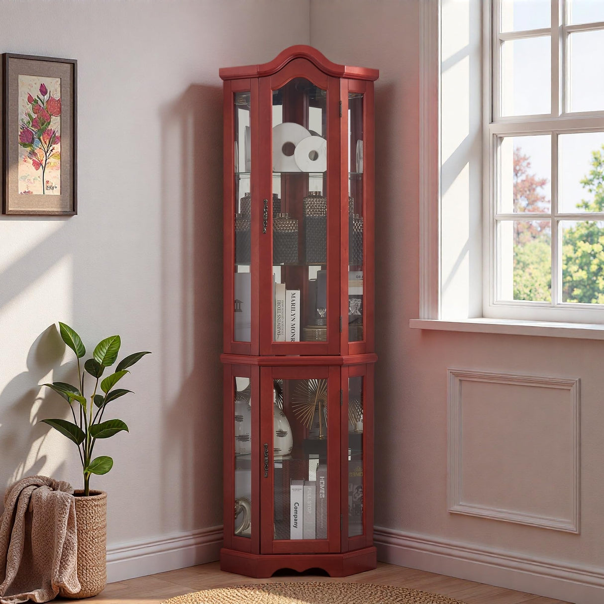 Trygoal 70" H Lighted Corner Curio Cabinet, Curved Wood Corner Cabinet with Tempered Glass Doors and Shelves, Glass Display Case with Bulb for Living Room, Cherry Trygoal