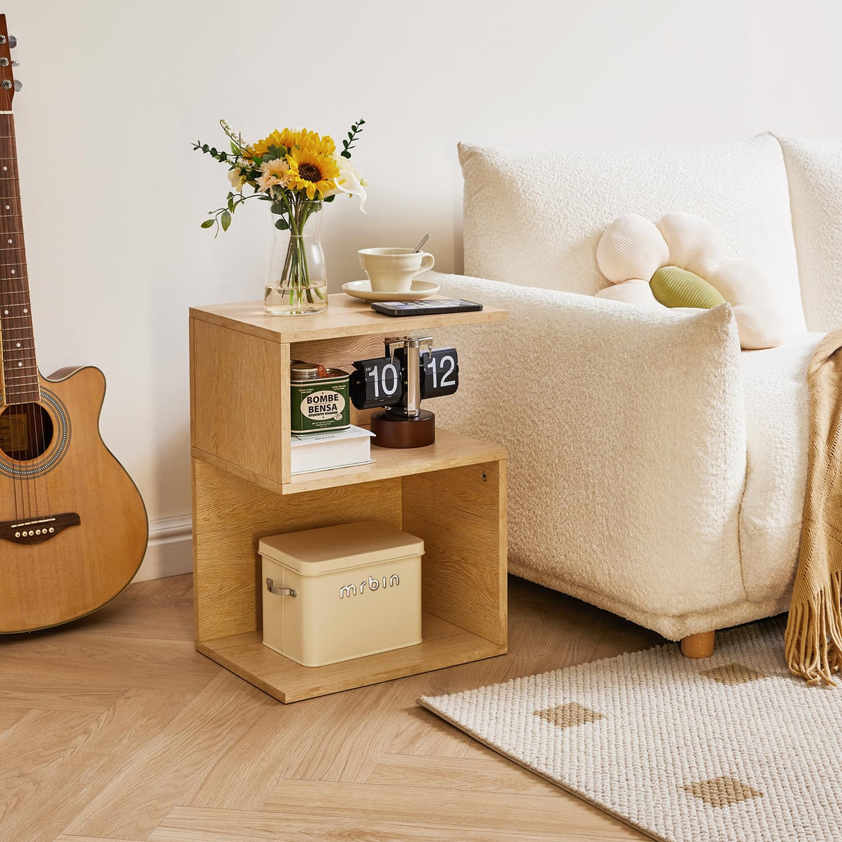 IBUYKE S-Shaped Nightstand, 3-Tier Wood Nightstand with Open Storage, Minimalist End Table for Small Spaces, Easy Assembly, Bedside Table for Bedroom, Natural UWST004R IBUYKE