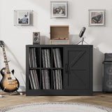 Record Player Stand with Vinyl Storage, Farmhouse Turntable Cabinet with Door, Vinyl Display Holder Shelves up to 750 Albums, Wooden Storage for Living Room, Black SLEKVERSA