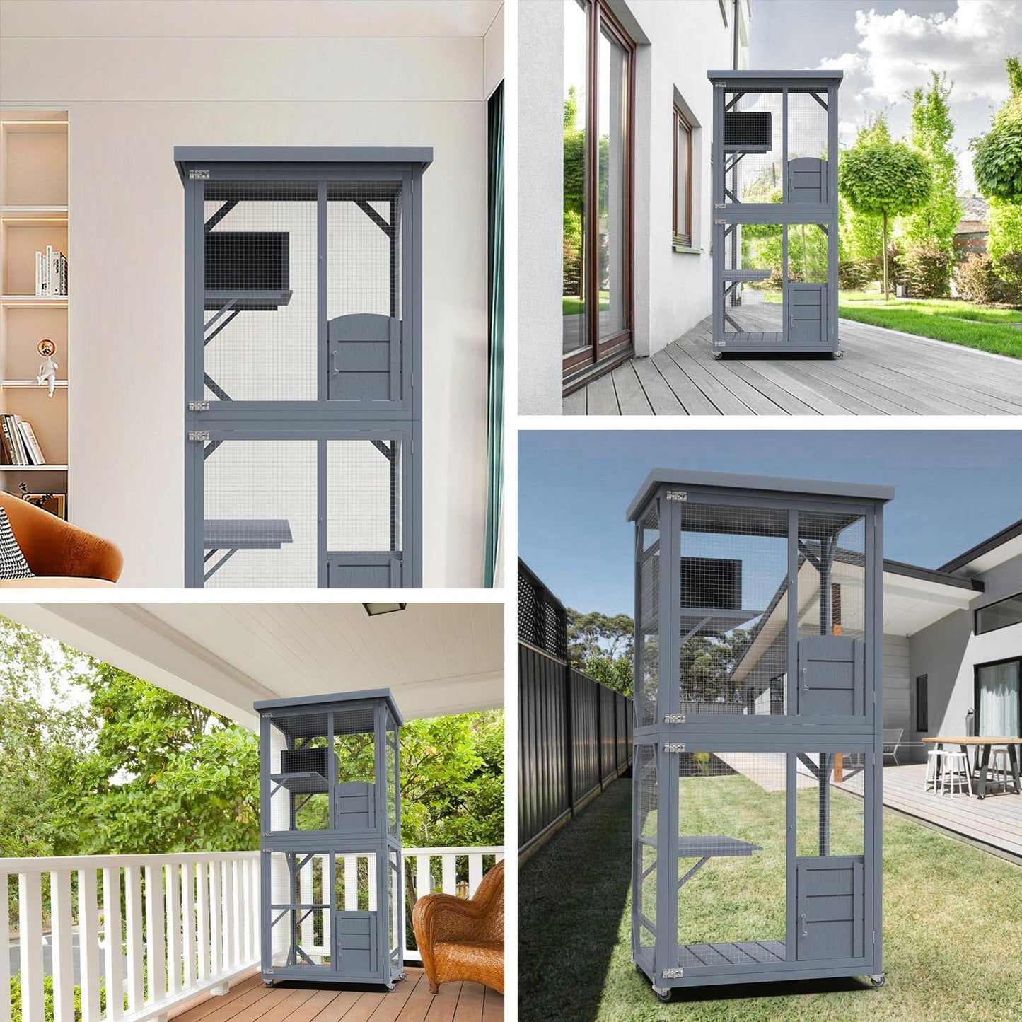 PETVILLE Catio Outdoor Cat House, Wooden Large Enclosure with Run on Wheels, 64" Outdoor/Indoor Cat Catio for Multiple Cats W/Waterproof Roof, Platforms, Resting Box, Cat Scratching Post - WoodArtSupply