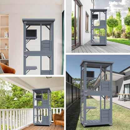 PETVILLE Catio Outdoor Cat House, Wooden Large Enclosure with Run on Wheels, 64" Outdoor/Indoor Cat Catio for Multiple Cats W/Waterproof Roof, Platforms, Resting Box, Cat Scratching Post - WoodArtSupply