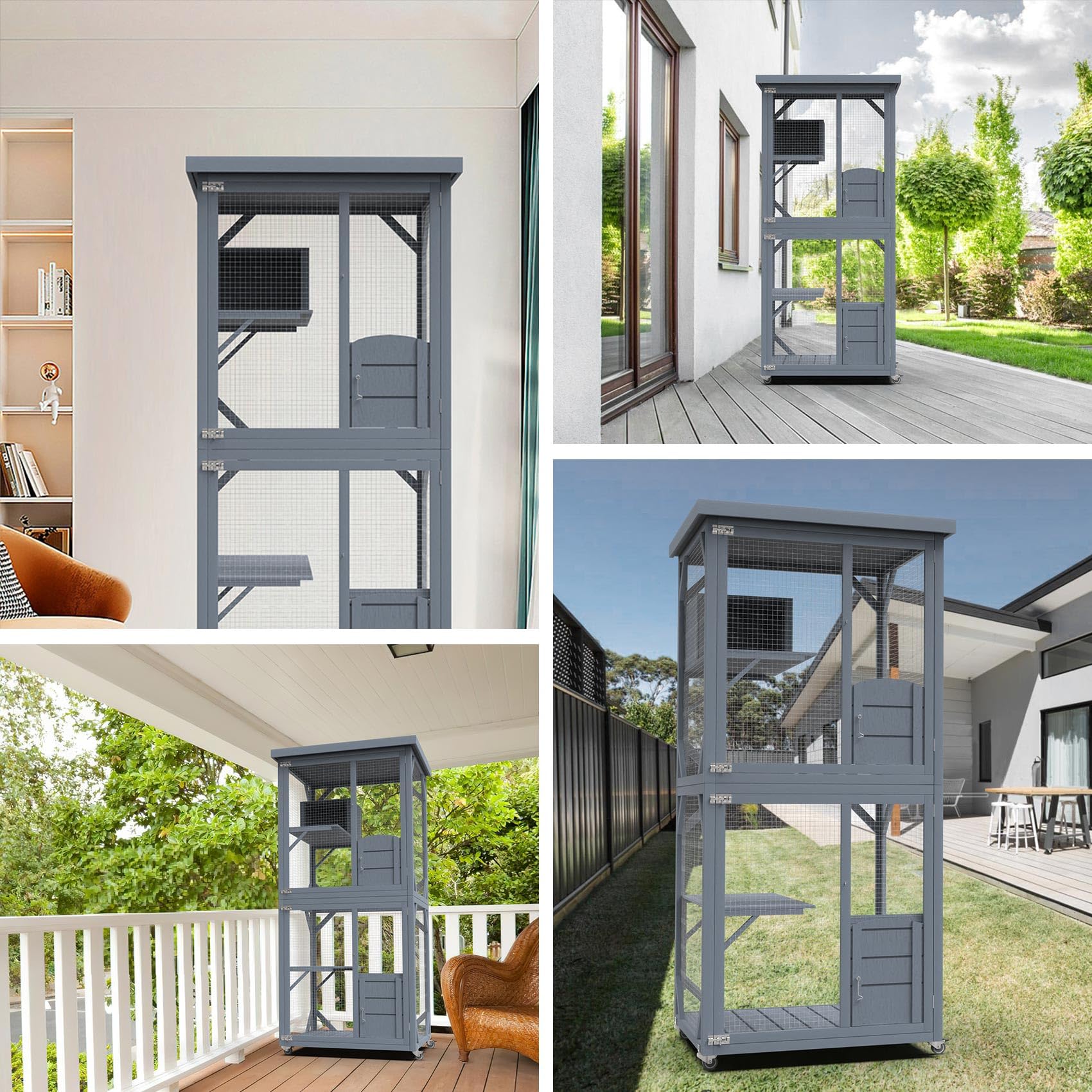 PETVILLE Catio Outdoor Cat House, Wooden Large Enclosure with Run on Wheels, 64" Outdoor/Indoor Cat Catio for Multiple Cats with Waterproof Roof, Platforms, Resting Box, Cat Scratching Post - WoodArtSupply