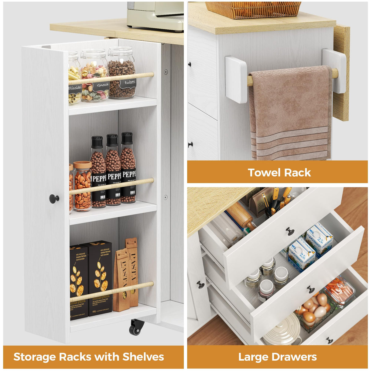 IRONCK Kitchen Island with Storage, 47.2in Rolling Island on Wheels, Kitchen Cart with Drop Leaf, 3 Spacious Drawers, Storage Cabinets and Towel Rack for Home, Dining Room IRONCK