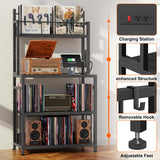 EasyCom Record Player Stand with Vinyl Storage, Turntable Stand Holds Up to 300 Albums, Large Record Player Table with Charge Station, Vinyl Record Stand for Living Room Bedroom, Black EasyCom