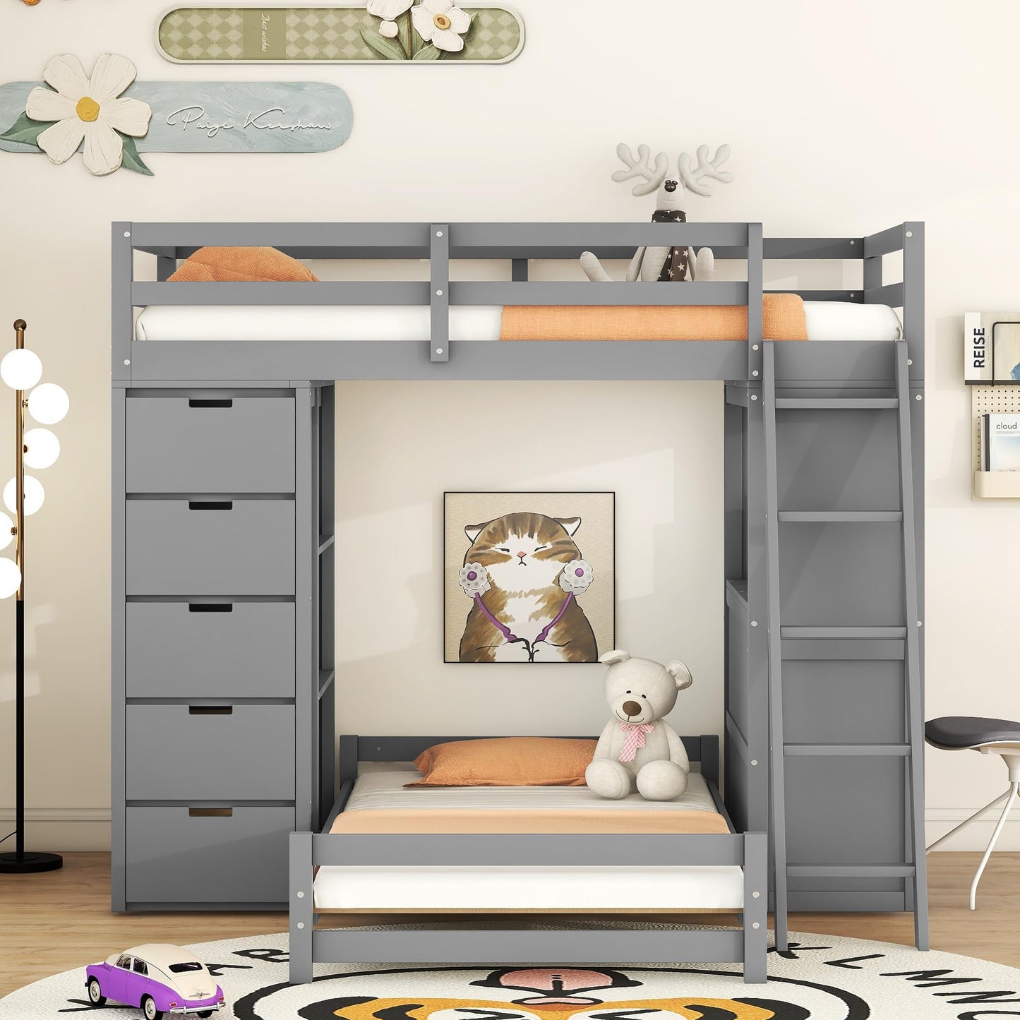 JIVOIT L-Shaped Twin Over Twin Bunk Bed with LED Light, USB Ports, Desk, Drawers, and Open Shelves in Gray - WoodArtSupply