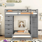 JIVOIT L-Shaped Twin Over Twin Bunk Bed with LED Light, USB Ports, Desk, Drawers, and Open Shelves in Gray JIVOIT