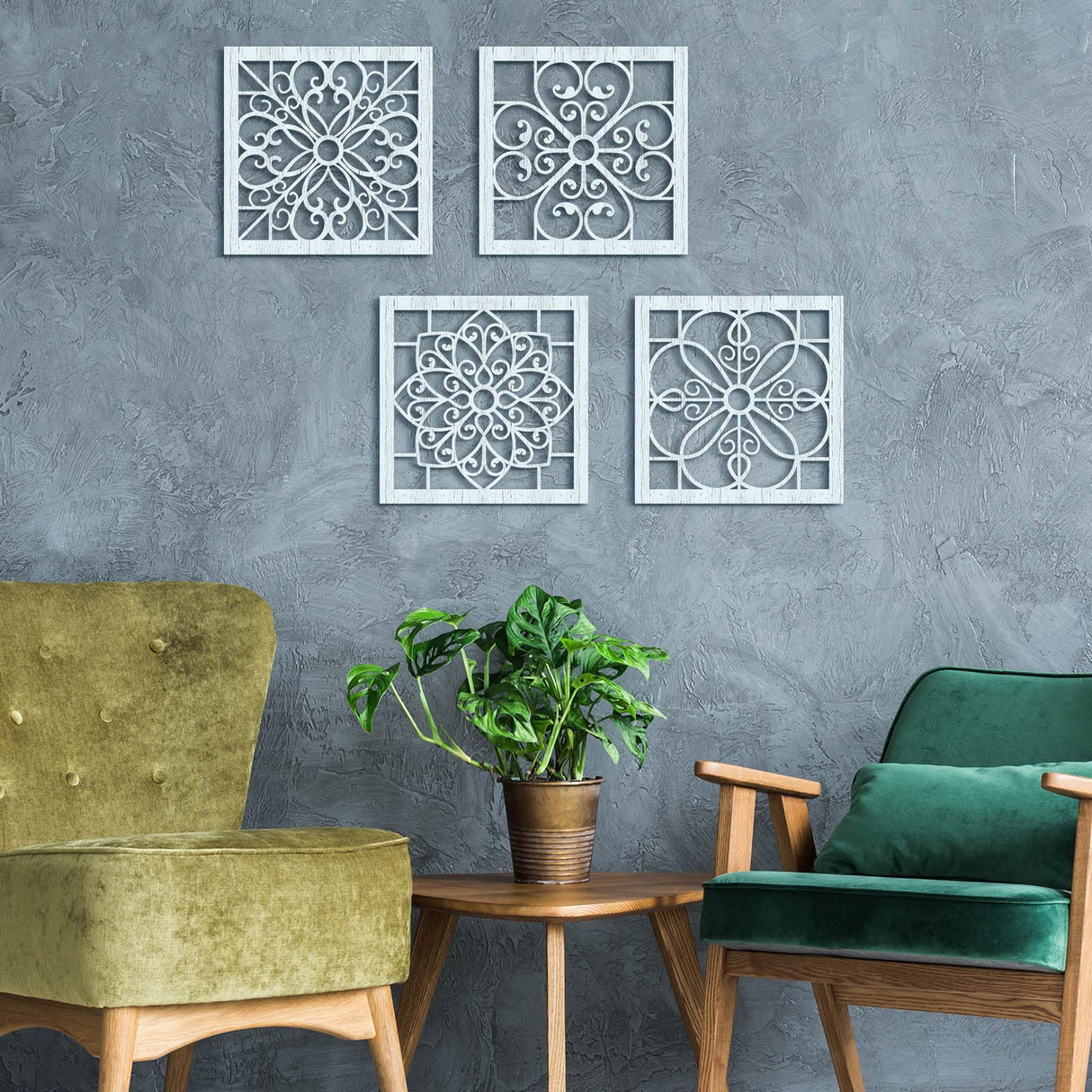 Yulejo 4 Pieces Thicken Rustic Wall Decor Farmhouse Wall Art Decor Wooden Hollow Carved Design Rustic Wall Art for Living Room Bedroom Hallway Decor Office Kitchen Wall Decoration (Light Cyan) Yulejo