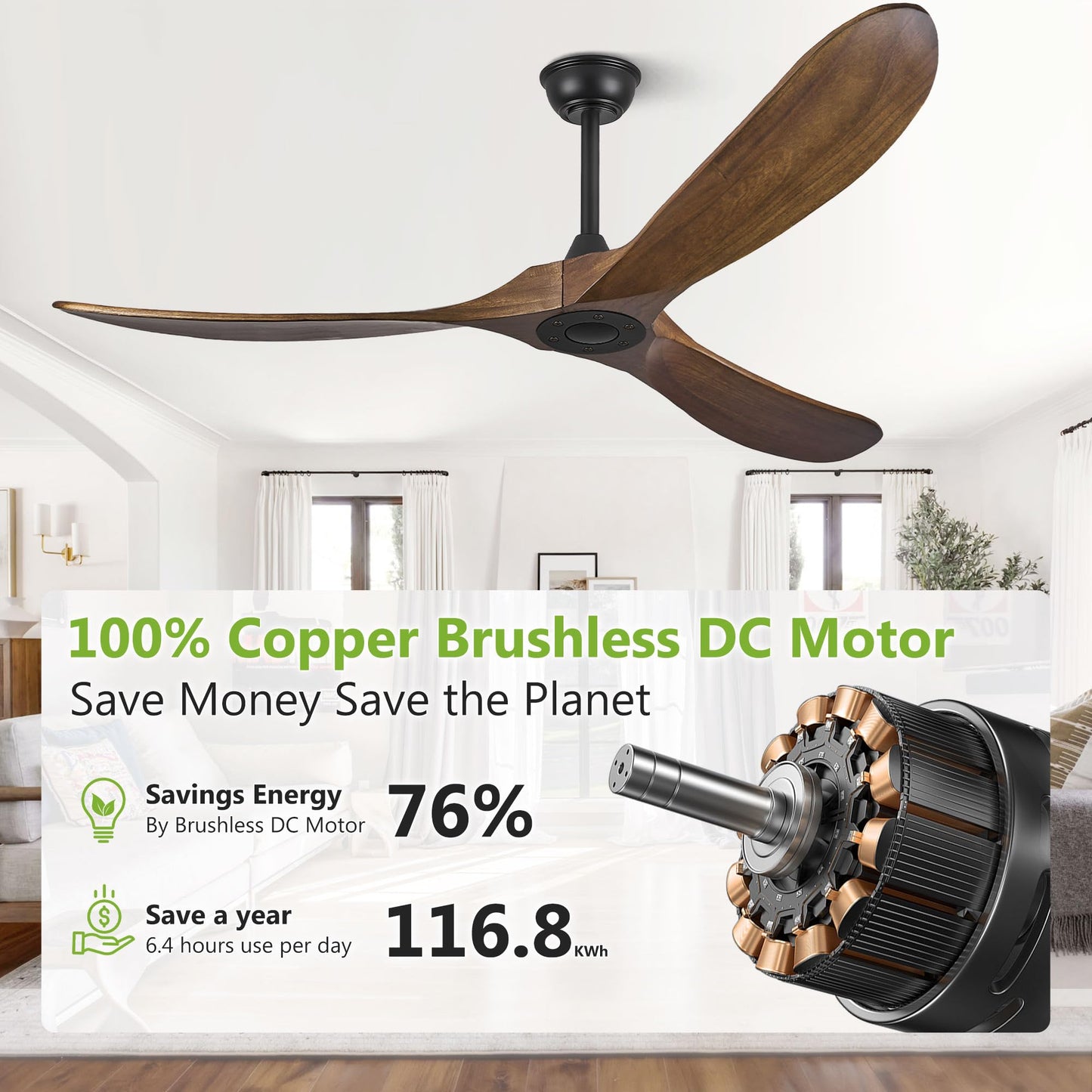 52 Inch Ceiling Fans Without Lights, Wood Ceiling Fan no Light with Remote Control and DC Motor, Indoor Outdoor Ceiling Fan for Patios Bedroom Living Room Propeller Ceiling Fans 3 Blade, Dark - WoodArtSupply