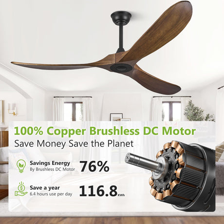 52 Inch Ceiling Fans Without Lights, Wood Ceiling Fan no Light with Remote Control and DC Motor, Indoor Outdoor Ceiling Fan for Patios Bedroom Living Room Propeller Ceiling Fans 3 Blade, Dark Walnut Haipeel