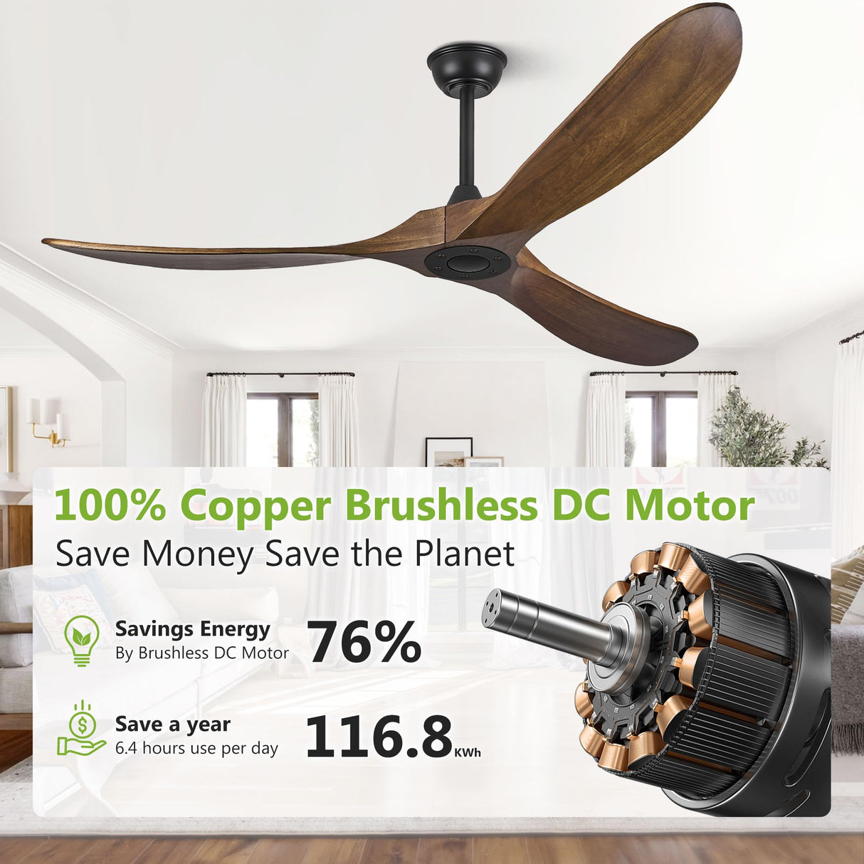 72 Inch Ceiling Fans without Lights, Wood Large Ceiling Fan no Light and Remote Control, Modern Indoor Outdoor Ceiling Fan no Light 3 Blade Propeller for Patios Farmhouse Garage High cfm, Dark Walnut Haipeel