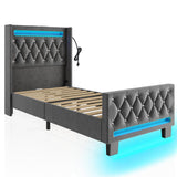 Rolanstar Twin Bed Frame with LED Light and Charging Station, Upholstered High Headboard and Footboard, Wood Slats, Noise Free, Easy Assembly, Grey Rolanstar