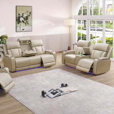 SIENWIEY Leather Recliner Sofa Set with LED Light, Power Reclining Couch Set with USB Port, Leather Couch Set 2 Pieces for Living Room Home Theater Seating（Beige，Sofa and Loveseat）