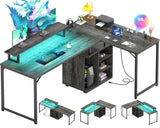 Cyclysio L Shaped Gaming Desk with Wood Cabinet, 58" Large Corner Desk with LED Lights & Power Outlet, Reversible Computer Desk with Monitor Stand, Home Office Desk 2 Person Corner Desk, Grey Oak Cyclysio