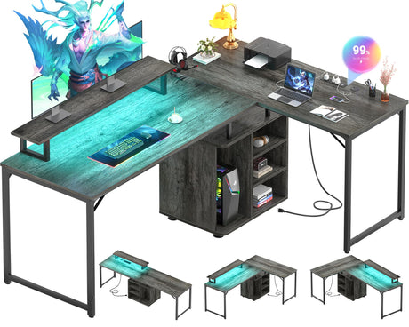 Cyclysio L Shaped Gaming Desk with Wood Cabinet, 58" Large Corner Desk with LED Lights & Power Outlet, Reversible Computer Desk with Monitor Stand, Home Office Desk 2 Person Corner Desk, Grey Oak Cyclysio