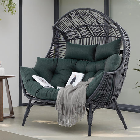 IRONCK Double Egg Chair Outdoor, 2 Person Wicker Lounge Chair, Oversized Thickened Padded Cushions and Headrests, 680 Lbs Egg Loveseat for Indoor, Patio, Living Room, Porch, Balcony, Dark Green IRONCK