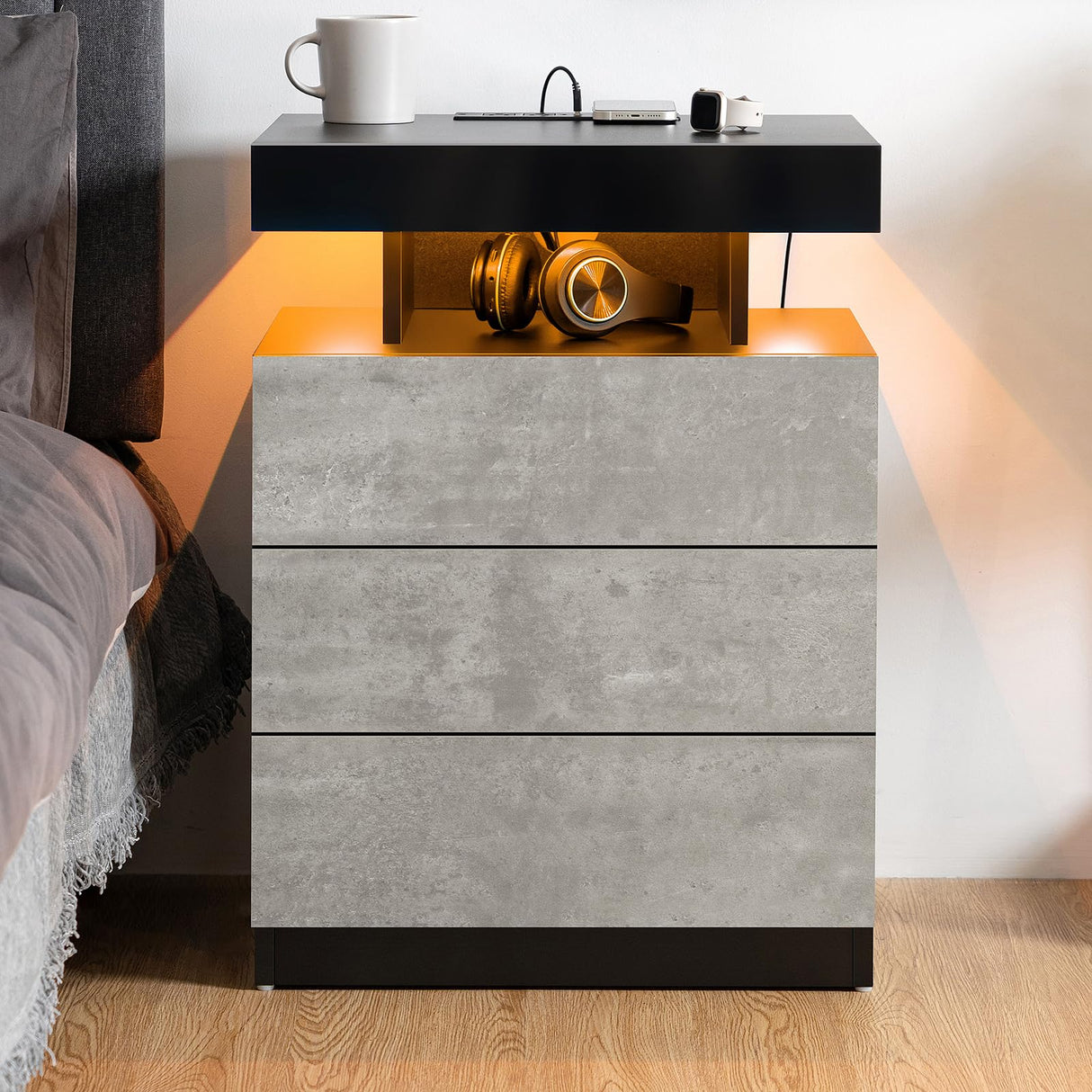 HOMMPA LED Nightstand with Wireless Charging Station & USB Ports, 3 Drawer Night Stand with LED Light RGB Adjustable Brightness, Smart Nightstand High Gloss Bedside Table for Bedroom Gray HOMMPA
